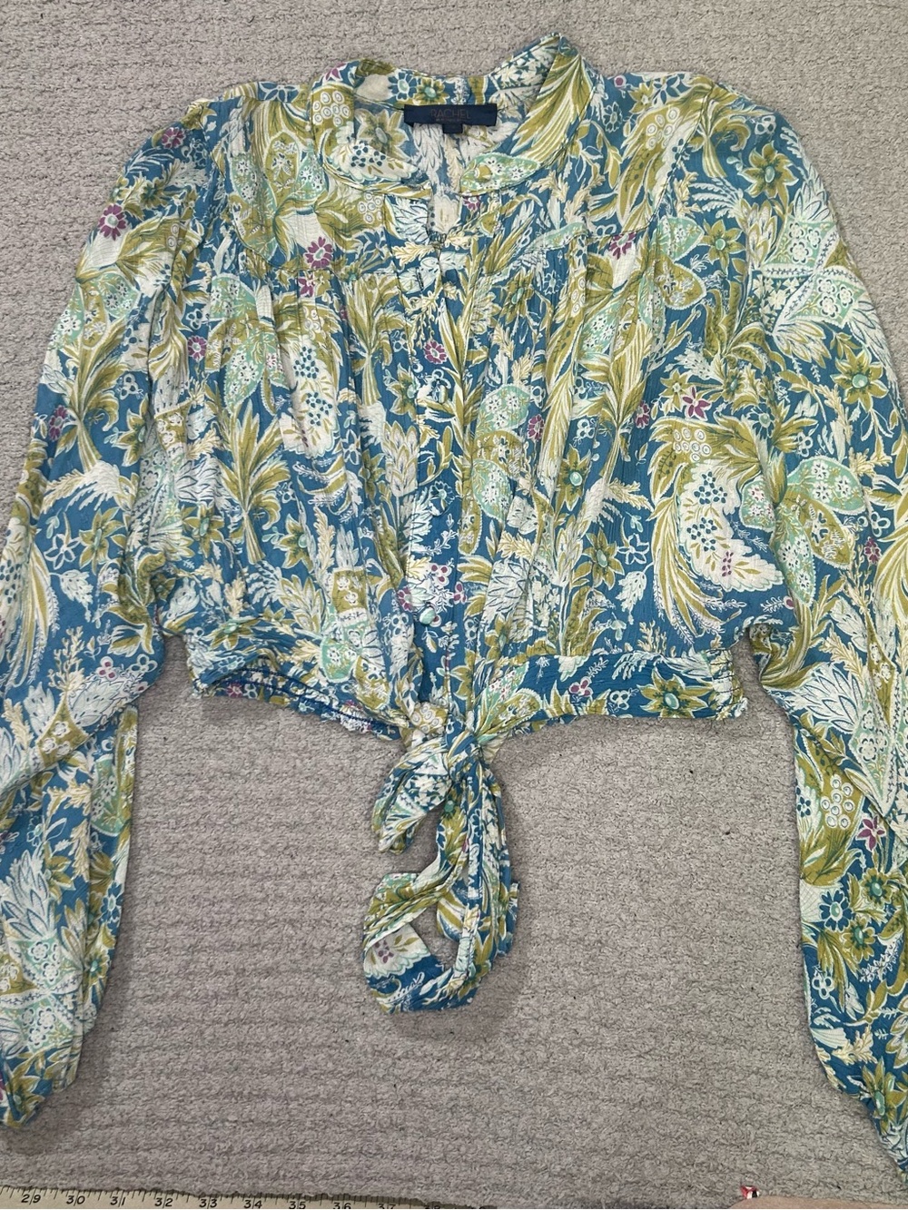 Rachel Roy Button Up Balloon Sleeve Tied Crop‎ Sz Small Boho Botanical Chic